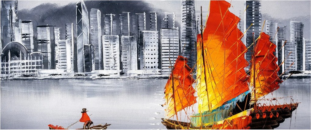 Obraz - Victoria Harbor, Hong Kong, čiernobiela olejomaľba (120x50 cm)