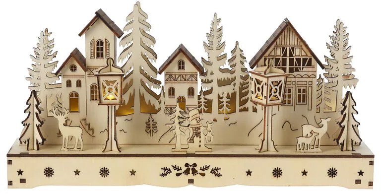 Drevená dekorácia DEDINA s LED 30 cm, prírodná