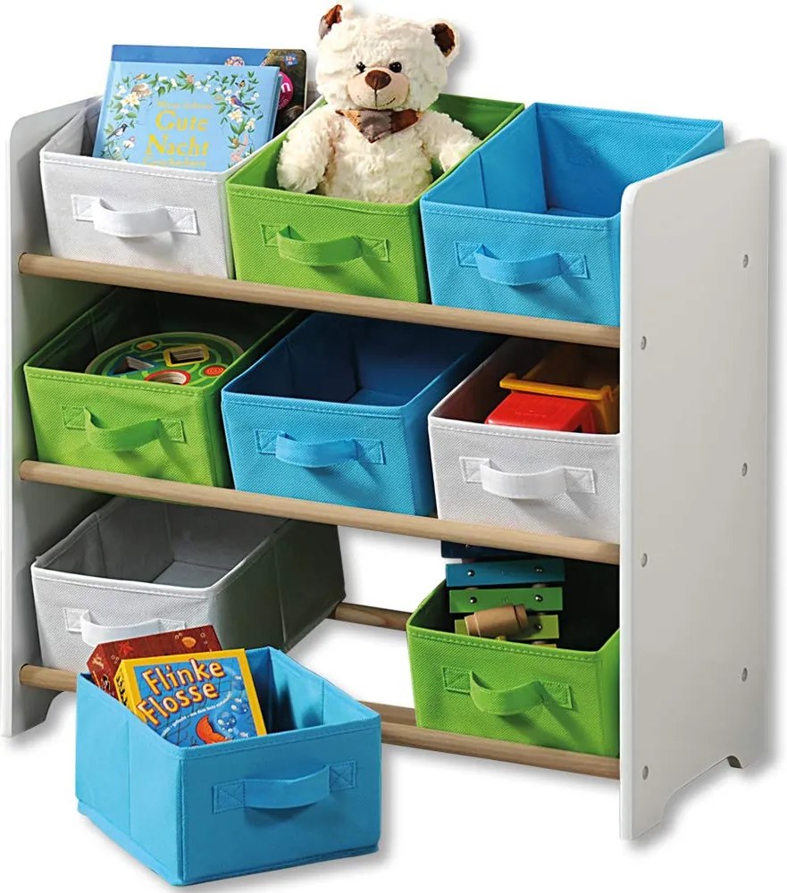 Kesper 2. akosť - Detský regál, organizér na hračky s 9 úložnými boxmi, modro-zelený