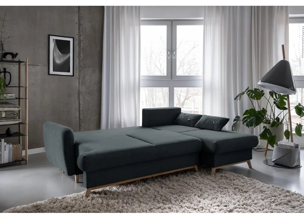 Tmavosivá rozkladacia/s úložným priestorom rohová pohovka (pravý roh/s leňoškou) Scandic Lagom – Miuform