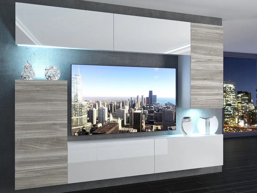 Obývacia stena 250 cm Belini biely lesk / šedý antracit Glamour Wood Imperium8 IMP 8/5/W/WGW1GW1W/0/0