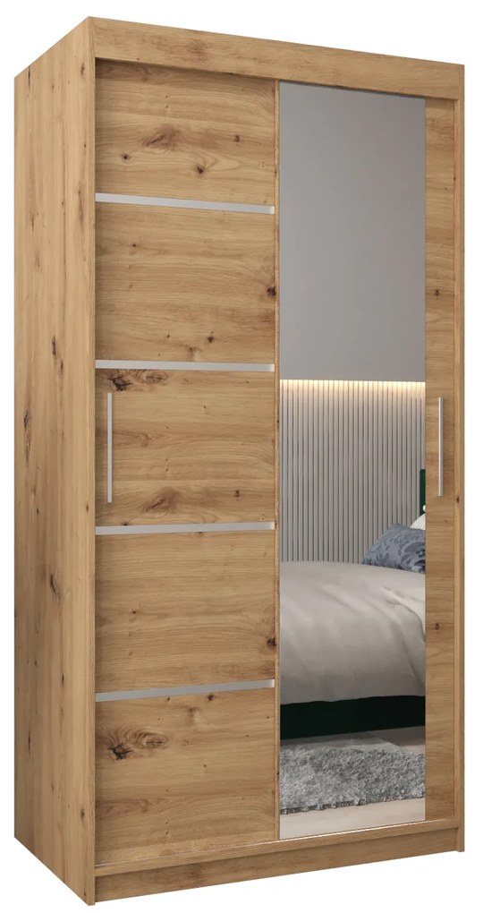 Šatníková skriňa 100 cm so zrkadlom Verika 2 100 (dub artisan). Akcia -49%. Vlastná spoľahlivá doprava až k Vám domov. 1063756