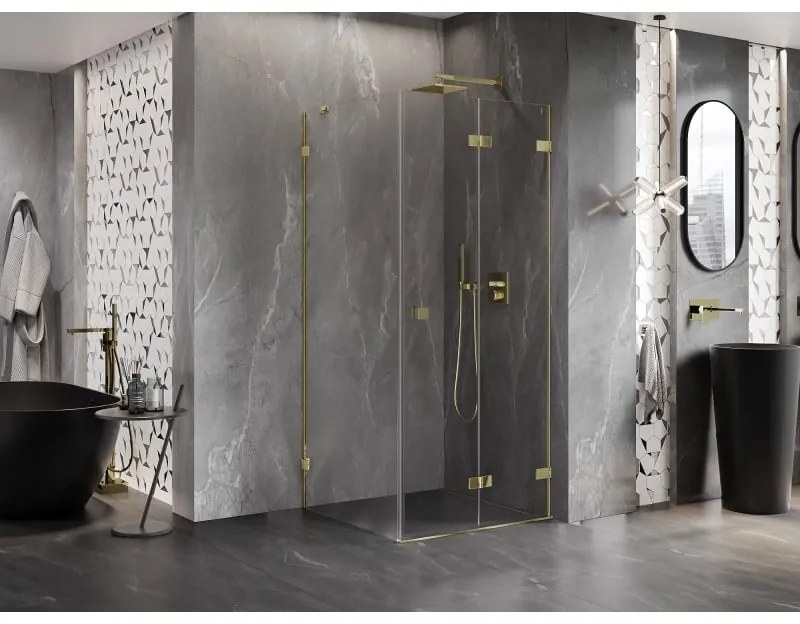 Mexen Lunar-F, sklápací sprchový kút pravý 90 x 90 cm, 8mm číre sklo, zlatý profil, 836-090-090-50-00-P