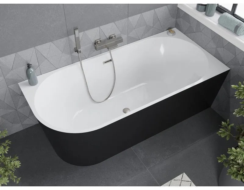 Mexen Mia, voľne stojaca rohová vaňa, pravá, 180 x 80 cm, biela-čierna, brúsená oceľ prepad, 52691808075P-97
