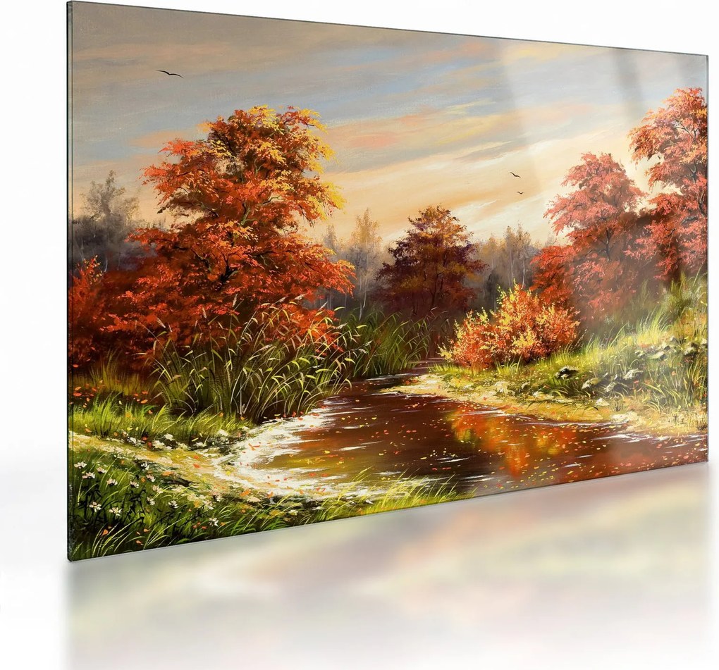 Sklenený obraz rieky v jesennej krajine, olejomaľba (70x50 cm)