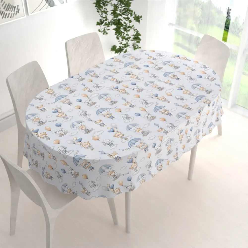 Biante Detský bavlnený oválny obrus Sandra SA-469 Zvieratká s padákmi na svetlo modrom 120x160 cm