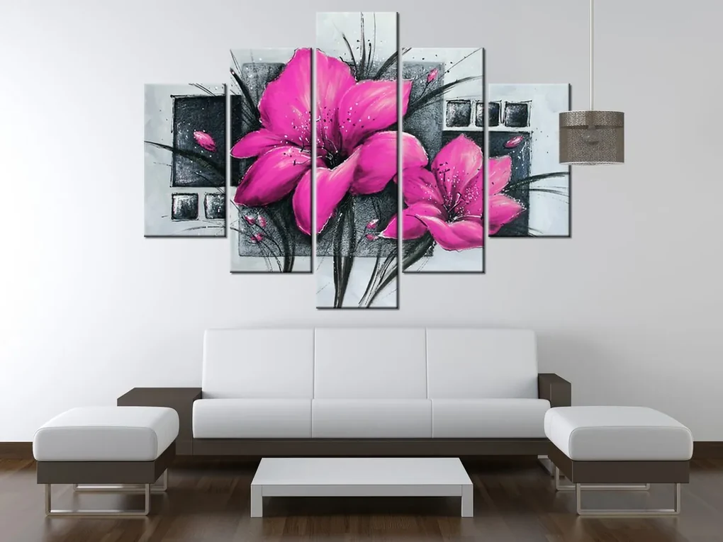 Gario Ručne maľovaný obraz Nádherné ružové Vlčie maky - 5 dielny Rozmery: 100 x 70 cm