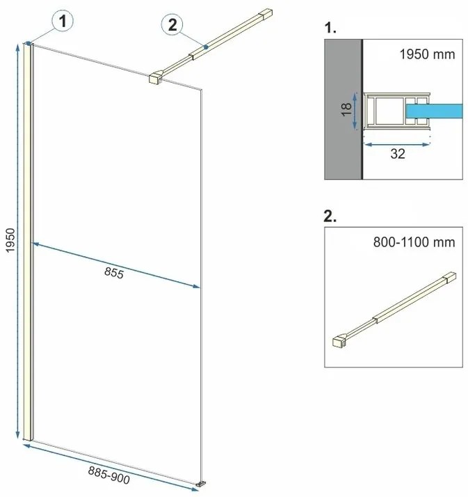 Rea Aero, sprchová zástena typu Walk-In 90cm, 8mm číre sklo, zlatý lesklý profil + polička a vešiak EVO, KPL-K8442