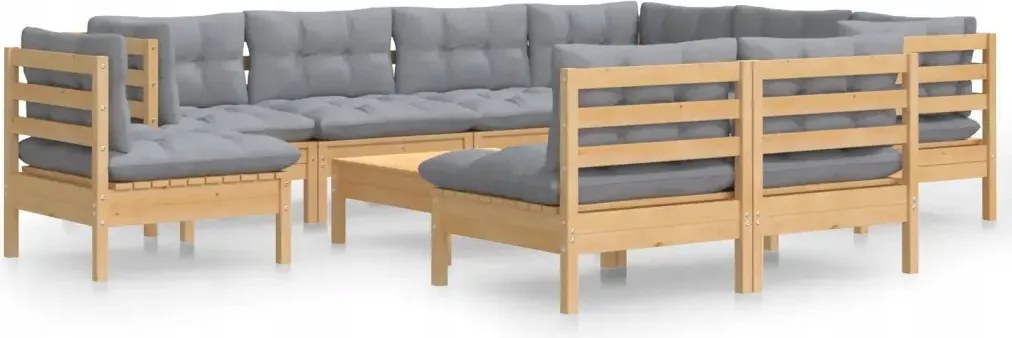 vidaXL 10-dielna sedacia súprava do záhrady, sivé vankúše, borovica