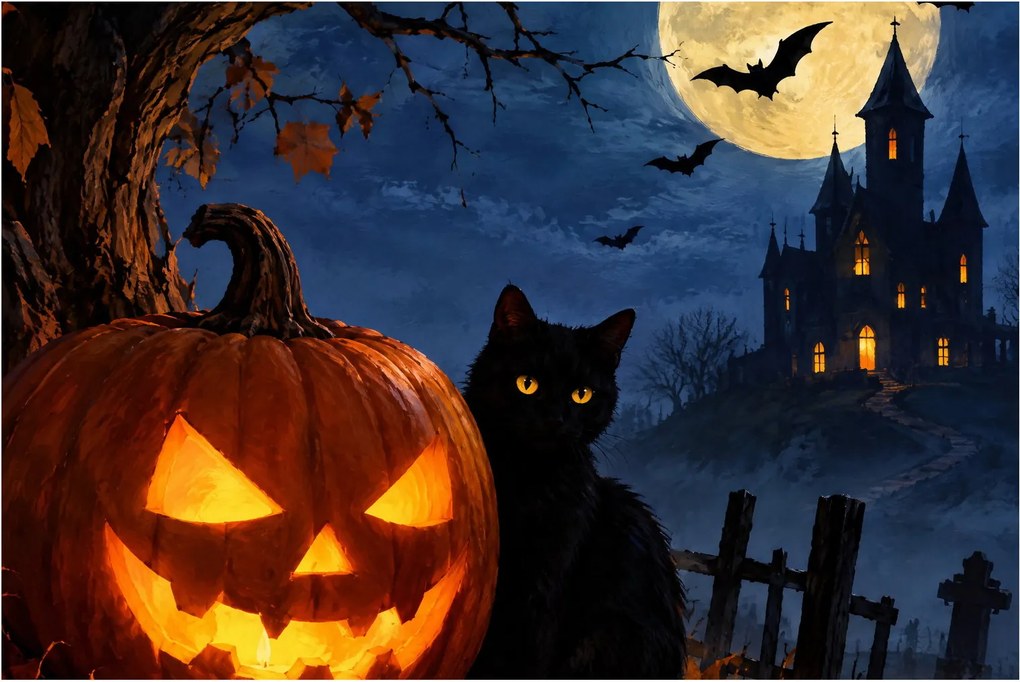 Obraz - Čierna mačka pri svietiacej tekvici na Halloween (90x60 cm)