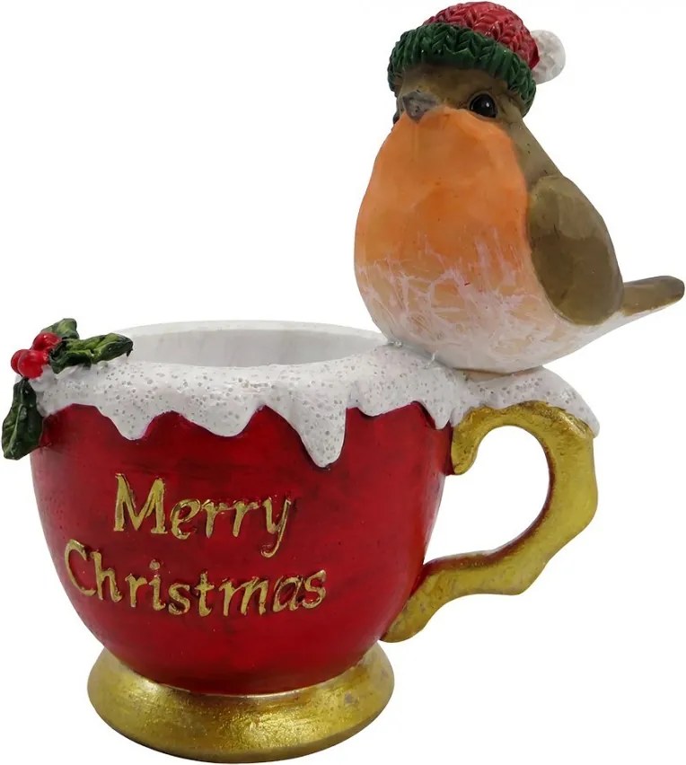 Dekorácia vtáčik na šálke Merry Christmas - 11*7*11 cm
