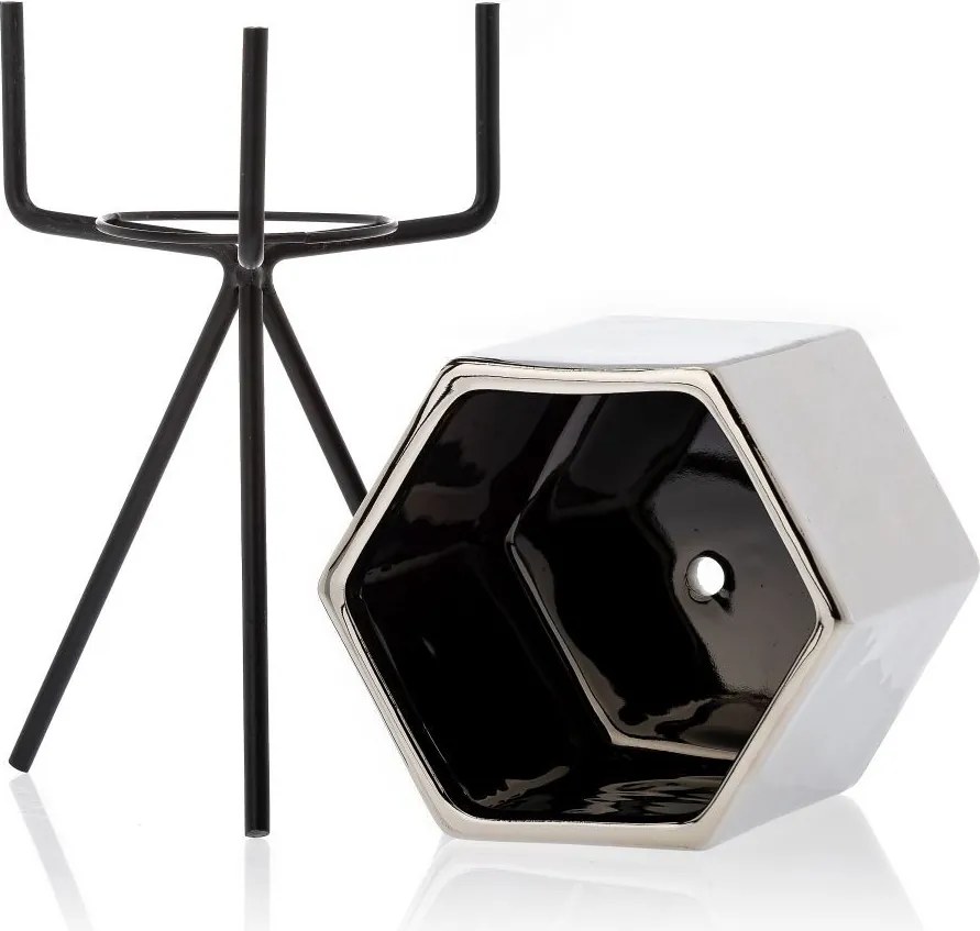 KERAMICKÝ KVETINÁČ SO STOJANOM SASHI SADA 3KS 20X9,5 CM+18X10 CM+16X9,5 CM STRIEBORNÁ