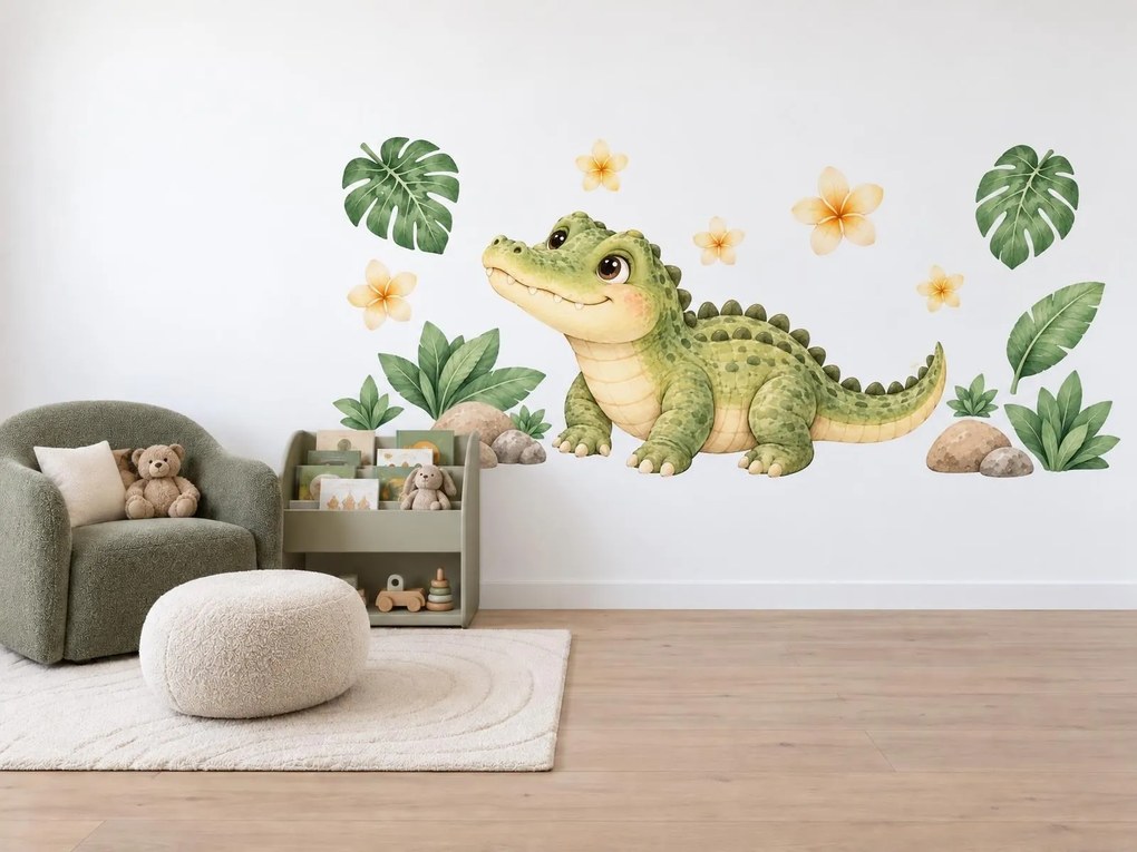 Krokodýlek mezi tropickými listy arch 100 x 49 cm