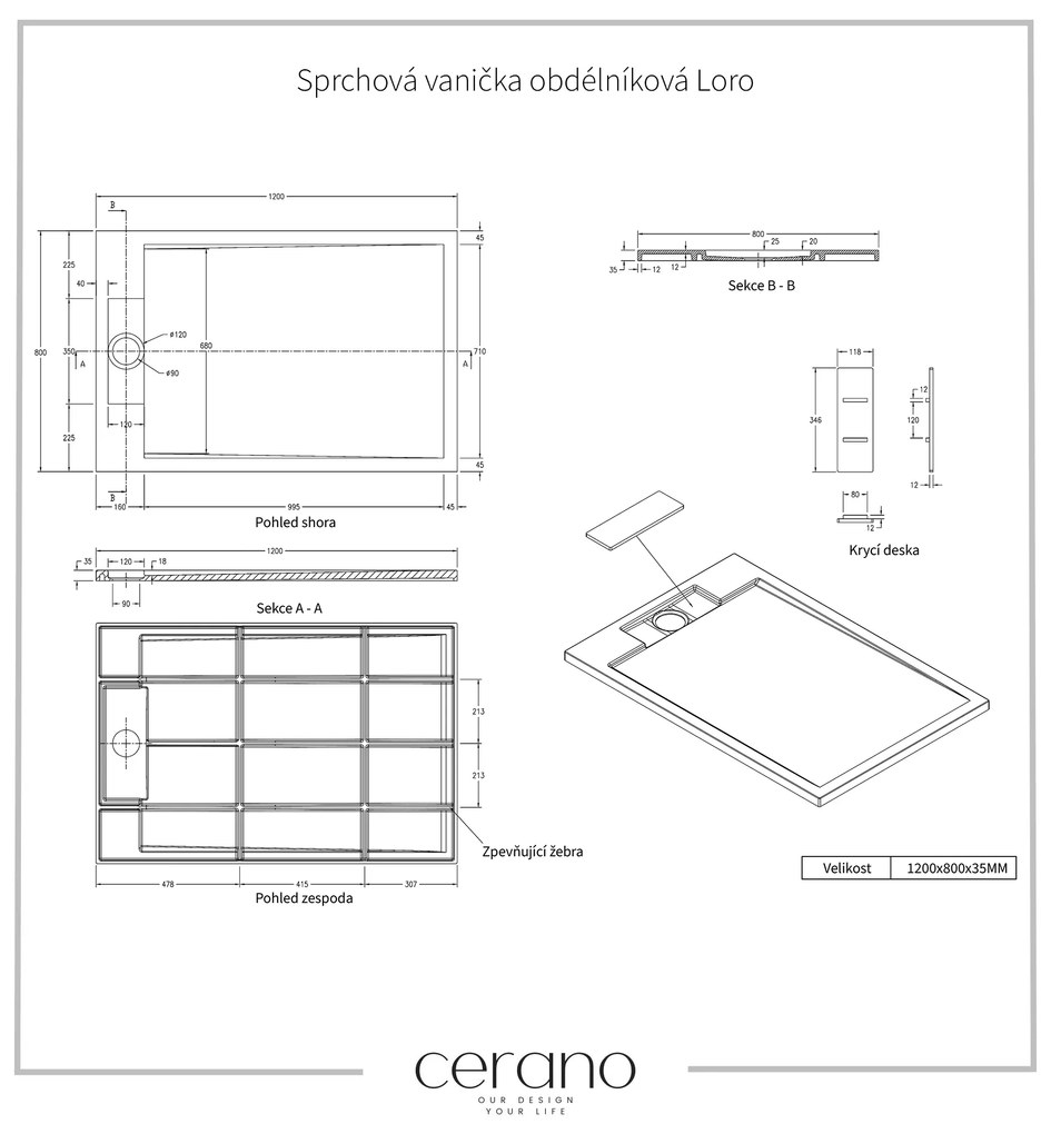 Cerano Loro, obdĺžniková sprchová vanička z liateho mramoru 120x80x3,5 cm, biela matná, CER-CER-413609