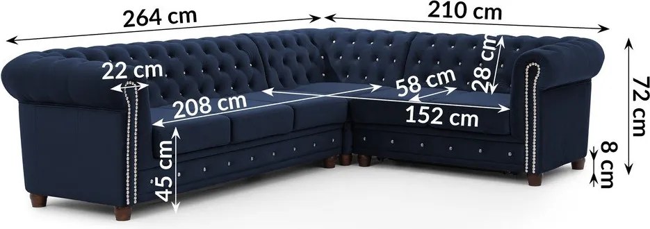 Modrá zamatová rozkladacia rohová pohovka (pravý roh/do L) York Blik – Ropez