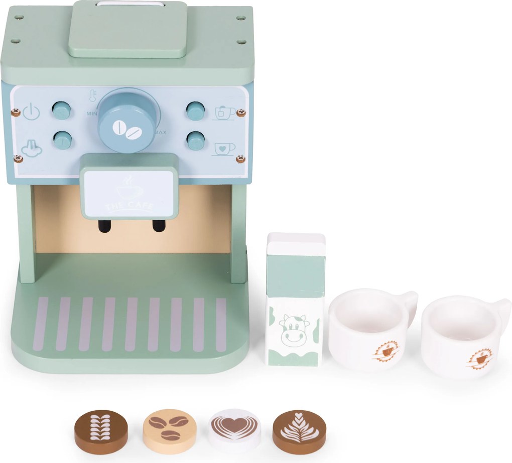 Detský drevený kávovar ECOTOYS – barista set 8 dielov, hra pre deti 3+