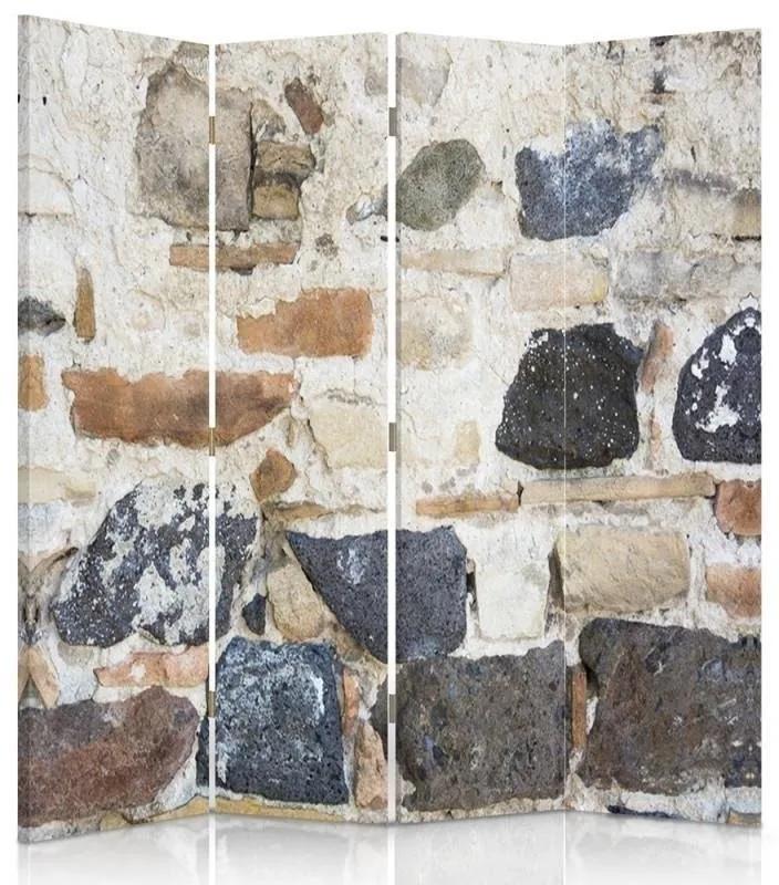 Ozdobný paraván, Stará kamenná zeď - 145x170 cm, štvordielny, obojstranný paraván 360°
