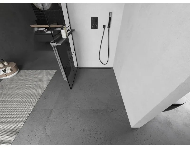 Mexen Kioto+, sprchová zástena Walk-In s poličkou a vešiakom 70 x 200 cm, 8mm číre sklo čierny vzor, grafitový profil, 800-070-121-66-77