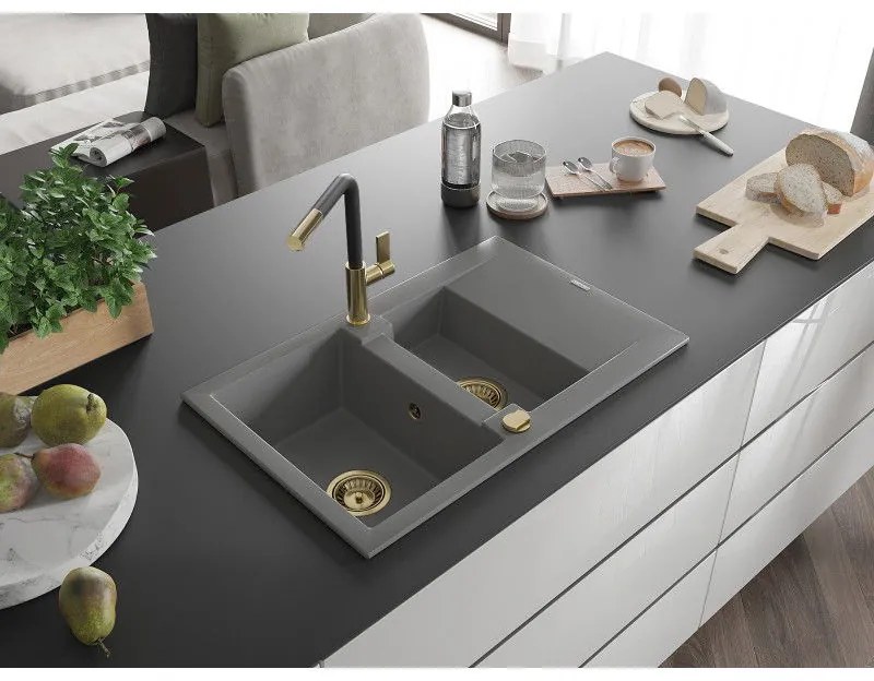 Mexen Gaspar, 1,5-komorový granitový drez 737x475x177 mm a drezová batéria Flora, šedá, 6507-71-670401-57-G