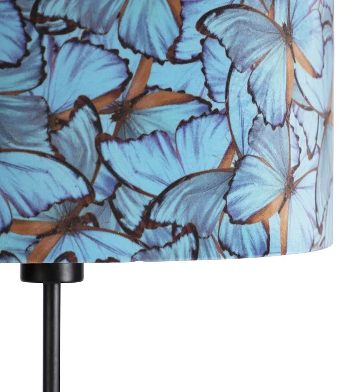 Stojaca lampa čierna s tienidlom z zamatu s motívom motýľov 35 cm - Parte