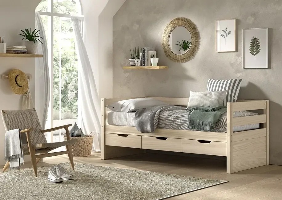 Posteľ Margrit so zásuvkami prírodná FSC borovica 90x200cm