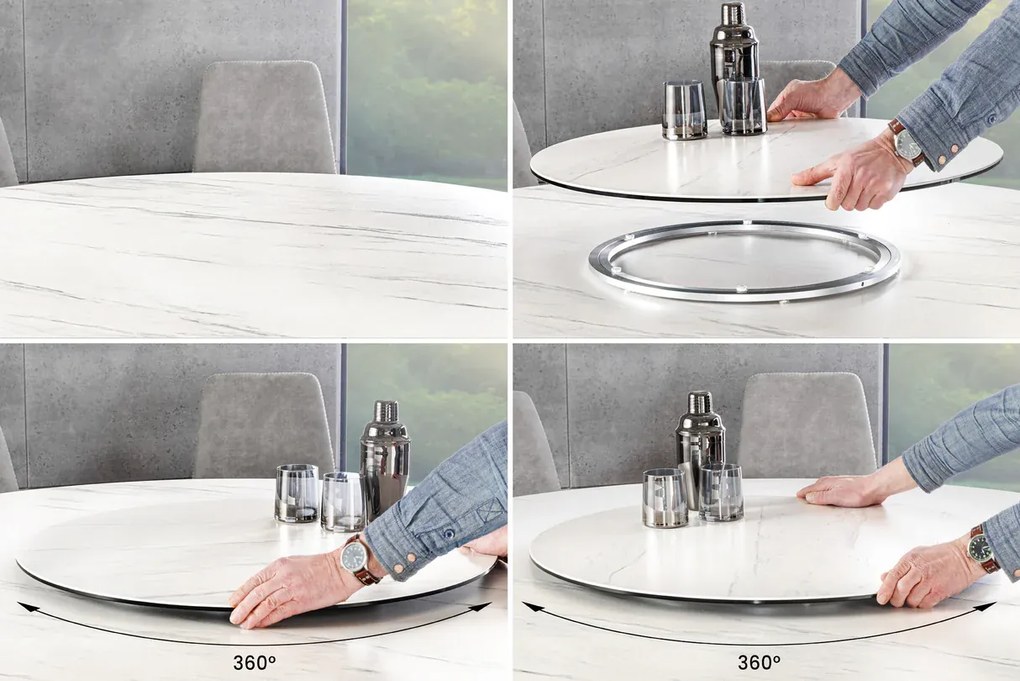 Jedálenský stôl SPIN – 150 cm, keramická doska, biely, s odnímateľnou platňou