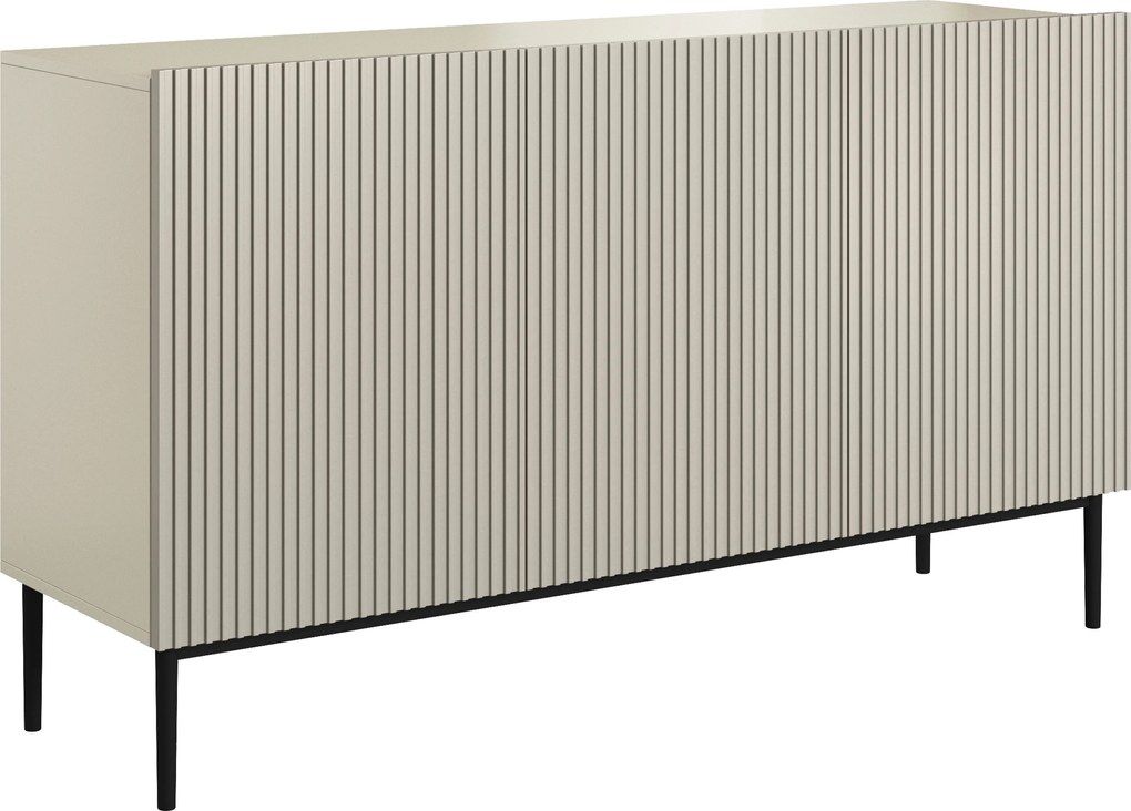 Komoda Nicole 150 cm trojdverová s ryhovaným čelom - kasmír / čierne nohy