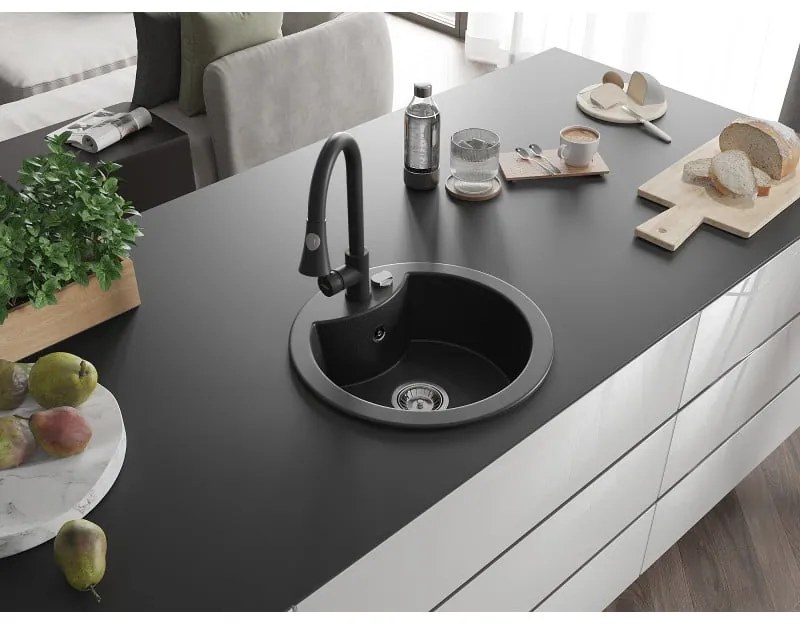 Mexen Diego, 1-komorový granitový drez 488x488x167 mm a drezová batéria Elia, čierna-strieborná metalíza, 6512-73-670101-70