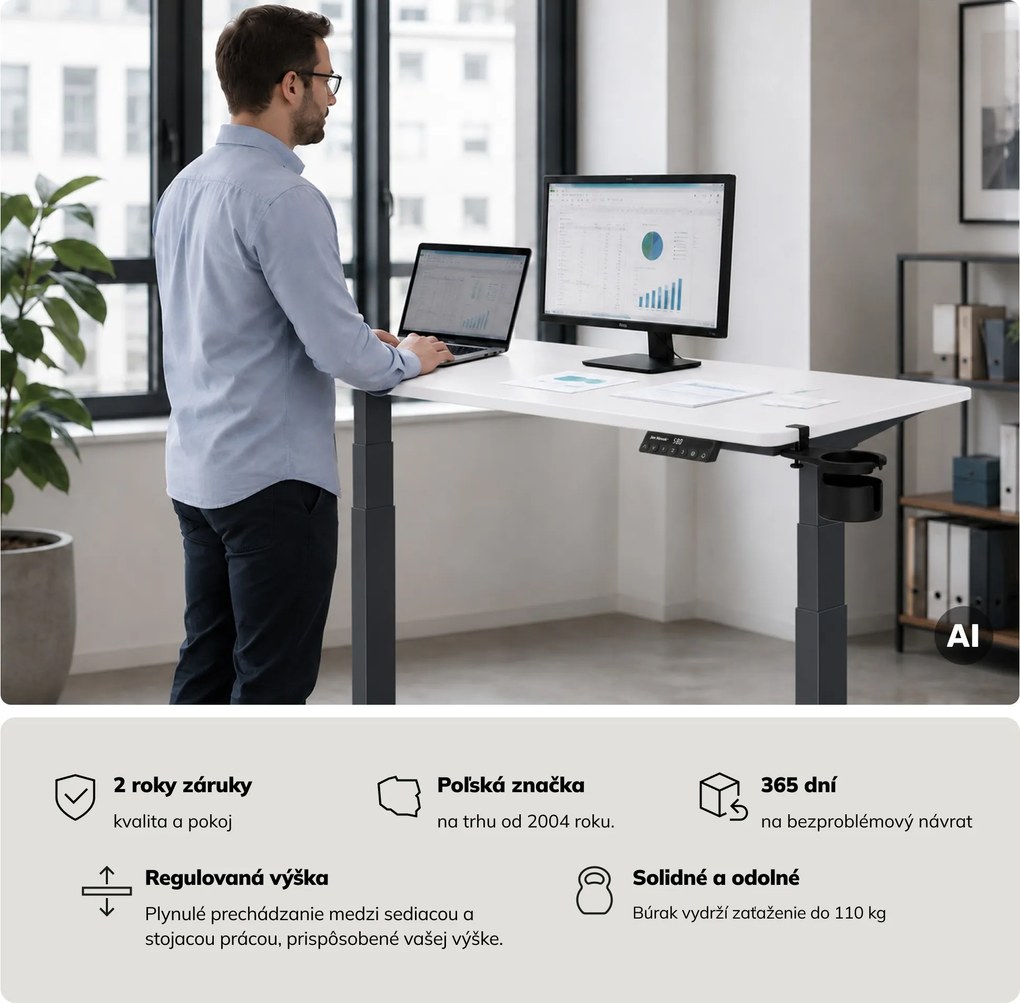 Elektrický stôl s nastavením výšky ergonomický antracitovo-bieli, 1400x700 mm: ARIA