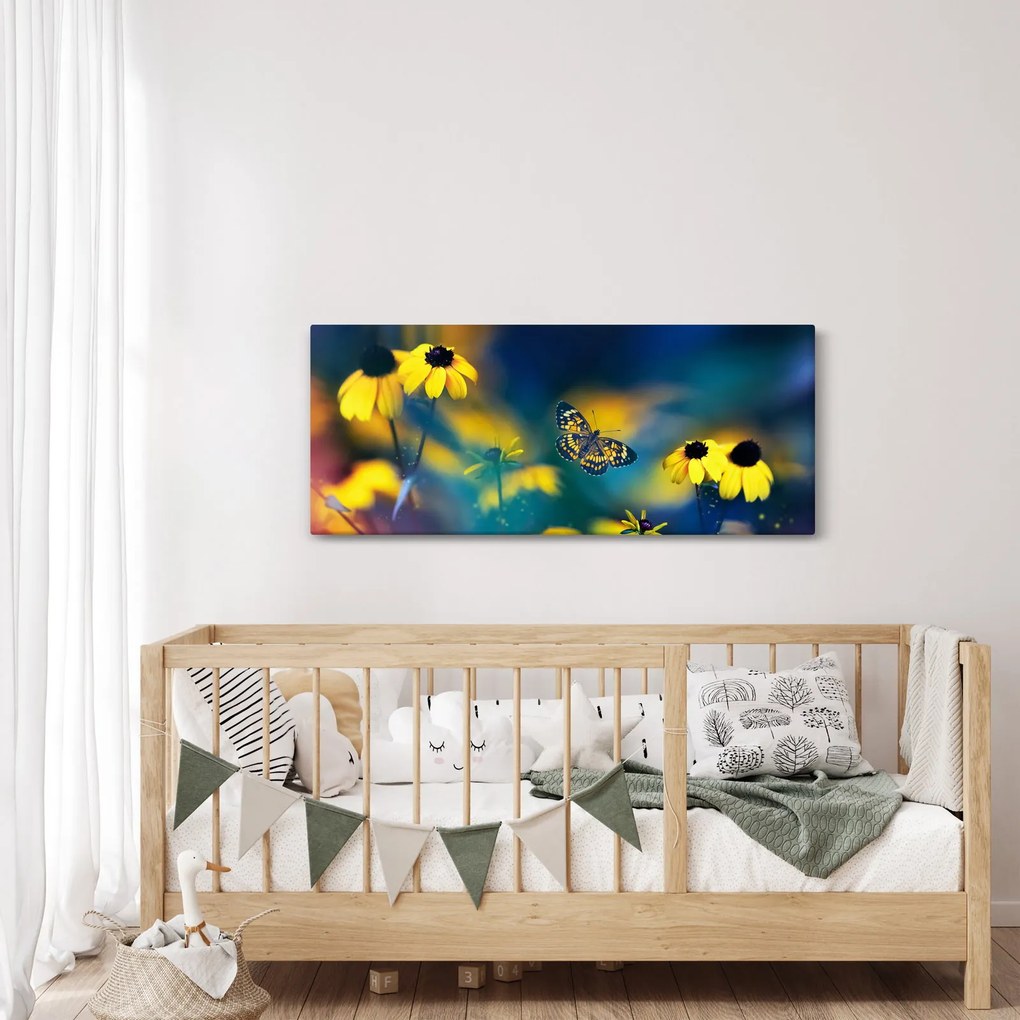 Obraz - Žltý motýľ s kvetmi (120x50 cm)