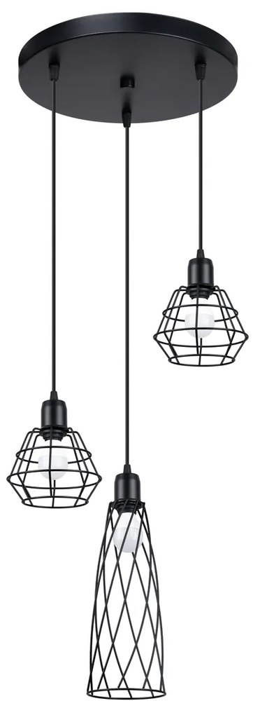 Závesné svietidlo Suba 3p, 3x čierne drôtené tienidlo