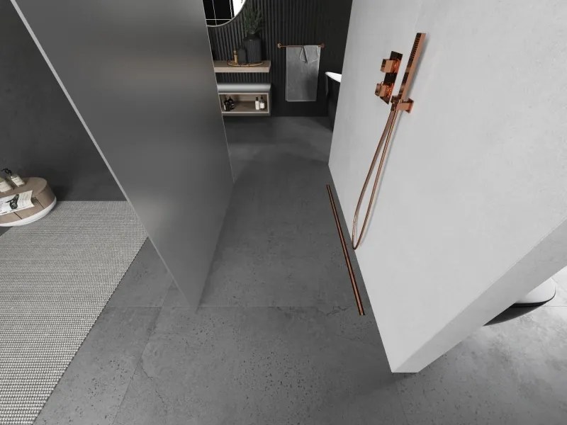 Mexen Kioto, sprchová zástena Walk-In 100 x 200 cm, 8mm sklo námraza, medený matný profil, 800-100-002-65-30