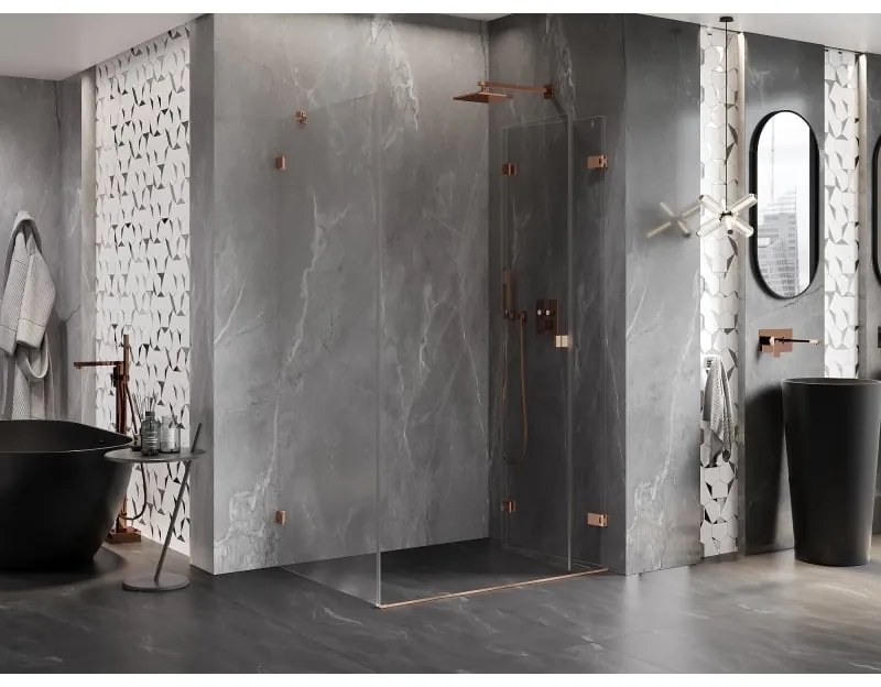 Mexen Lunar-F, 1-krídlový sprchový kút so skladacími dverami, pravý, 100 x 80 cm, 8mm číre sklo, medený profil, 836-100-080-65-00-P