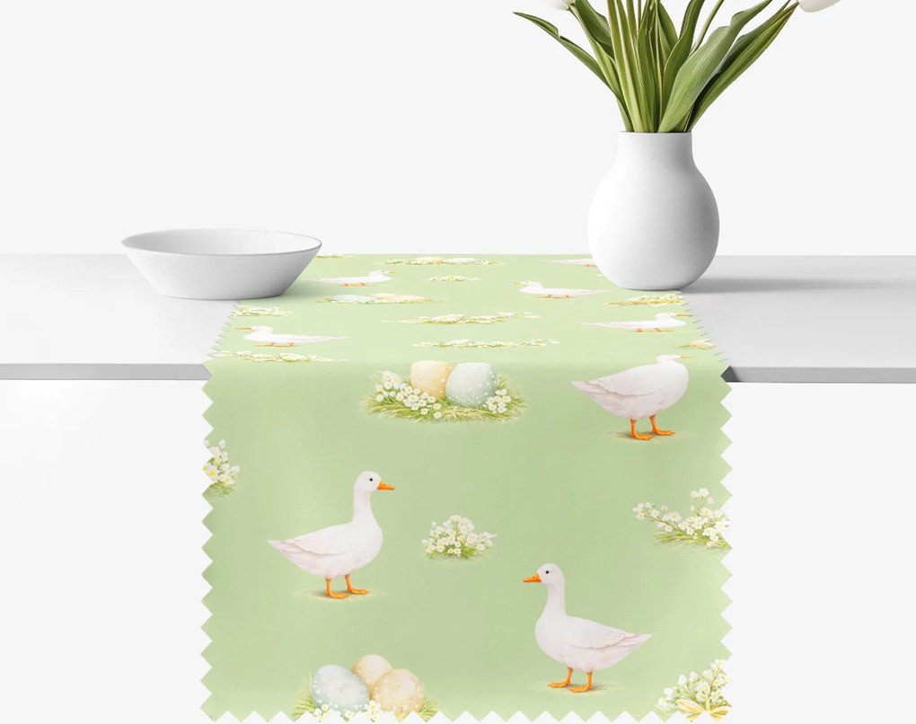 Goldea veľkonočný behúň na stôl teflónový - husy a kraslice 50x160 cm