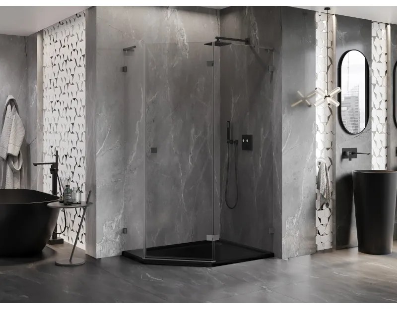Mexen Lunar, L pravý výklopný päťuholníkový sprchový kút 100 x 90 cm, 8mm číre sklo, grafitový profil, 831L-100P-090L-95-00-P
