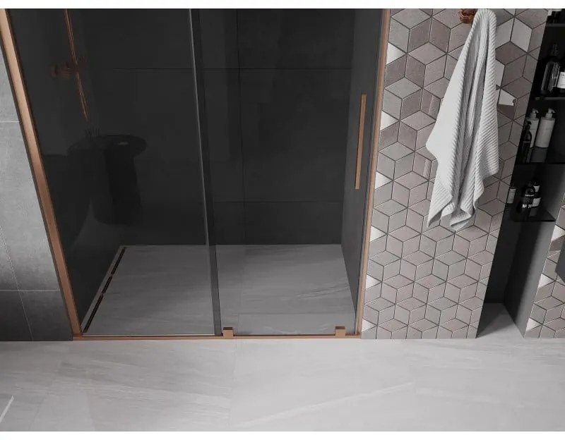 Mexen Velar, posuvné sprchové dvere do otvoru 150 cm, 8mm šedé sklo, medená matná, 871-150-000-41-65