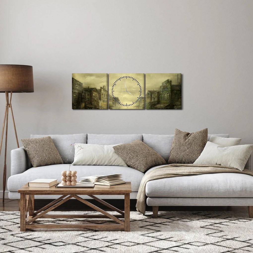 Obraz westernového mestečka (s hodinami) (90x30 cm)