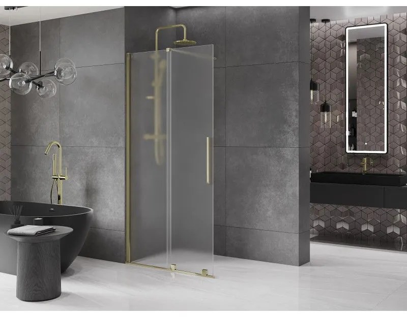 Mexen Velar, sprchová zástena s posuvnými dverami Walk-in 75 x 200 cm, 8mm sklo námraza, zlatá lesklá, 871-075-000-33-50