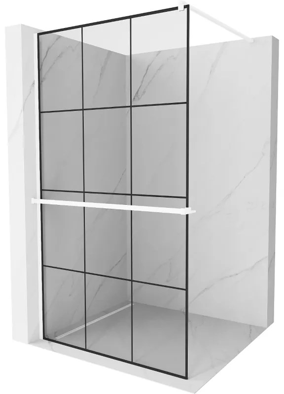 Mexen Kioto+, sprchová zástena Walk-In s poličkou a vešiakom 110 x 200 cm, 8mm číre sklo čierny vzor, biely profil, 800-110-121-20-77