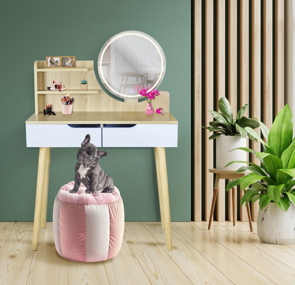 Dekorstudio Jumi Toaletný stolík s LED zrkadlom SCANDI biely+svetlý buk
