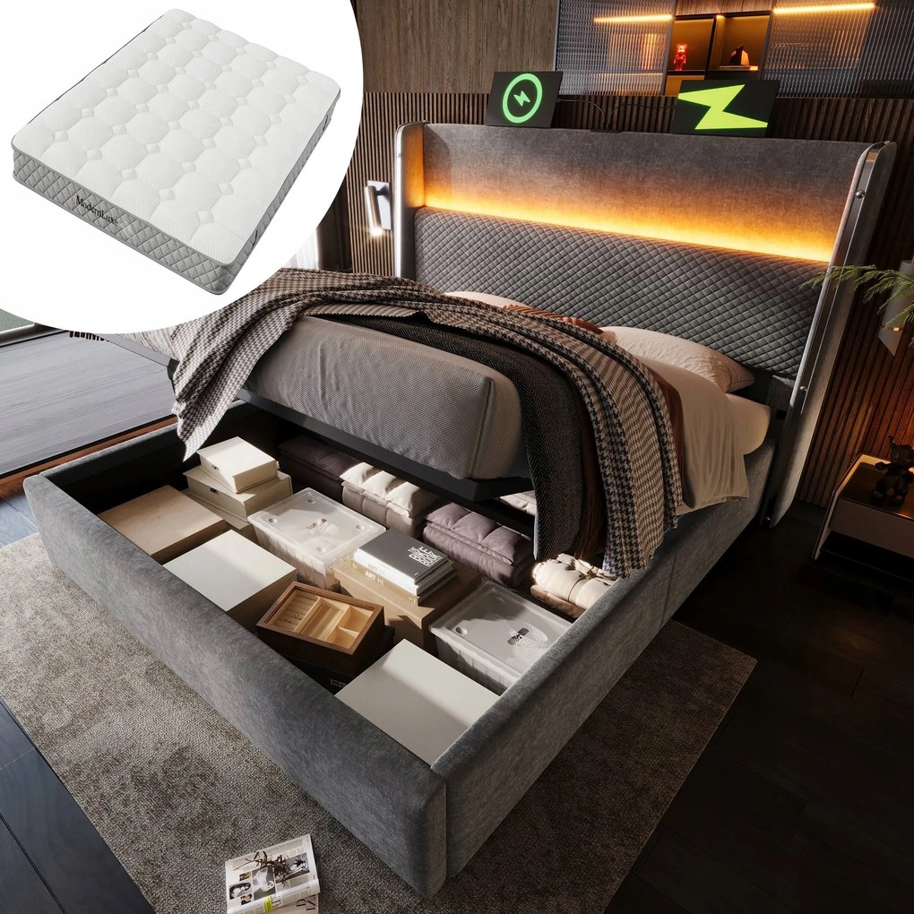 Hydraulická čalúnená jednolôžková posteľ 180x200 Usb C Led šedá matrac