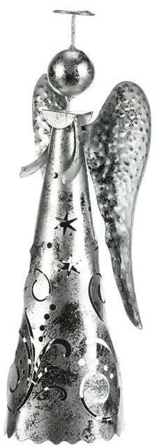 Vianočná kovová dekorácia Anjel na čajovú sviečku, strieborná