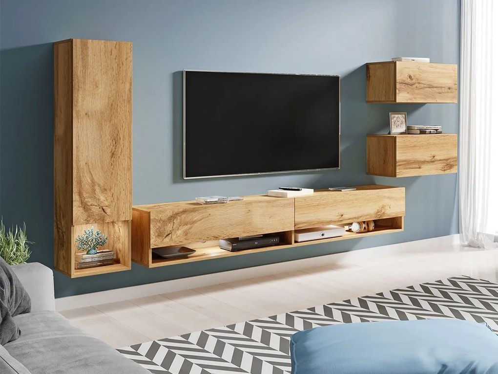 Nábytok do obývacej izby Wikez, Farby: dub artisan, Osvetlenie: osvetlenie LED biele