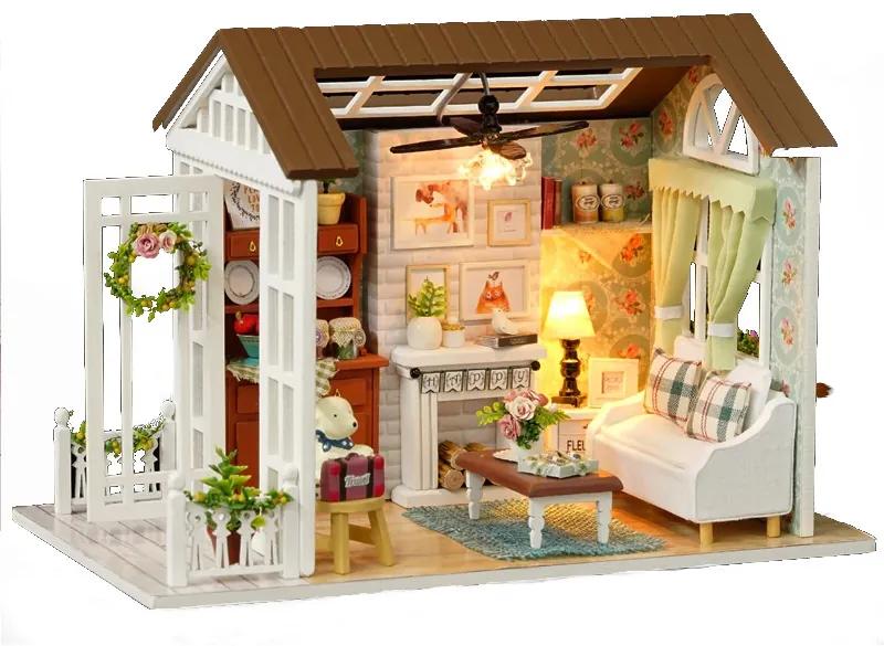 KIK Drevený model obývacej izby pre bábiky na zostavenie LED 8008-A