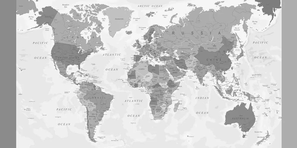 Obraz detailná mapa sveta v čiernobielom prevedení