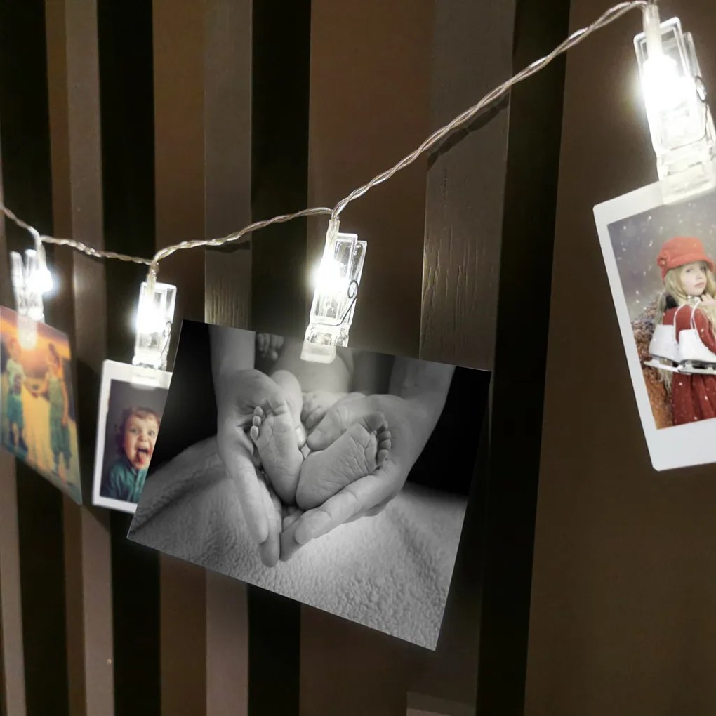 IKO Svetelná reťaz, štipce na fotografie 1,5m - 10 LED biele