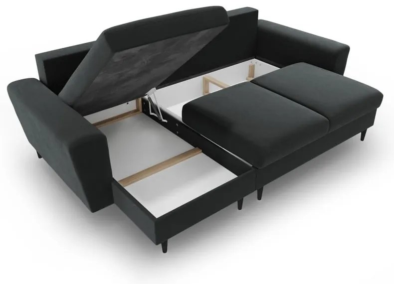 Tmavosivá zamatová rozkladacia/s úložným priestorom rohová pohovka Kyoto – Cosmopolitan Design