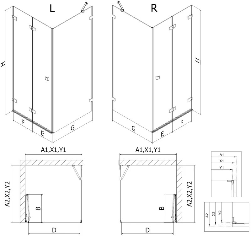 Mexen Lunar-F, 1-krídlový sprchový kút so skladacími dverami, pravý, 95 x 90 cm, 8mm číre sklo, čierny profil, 836-095-090-70-00-P