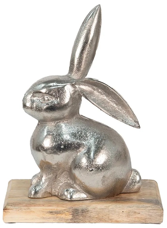 Dekorácia strieborný kovový králik na drevenom podstavci - 21*11*28 cm