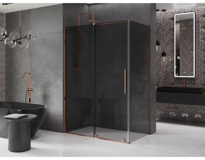 Mexen Velar, sprchový kút s posuvnými dverami 150 x 85 cm, 8mm šedé sklo, ružové zlato, 871-150-085-41-60